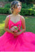 Hot Pink A-line V-neck Long Prom Dresses, Tulle Spaghetti Straps Graduation Dress DMP076