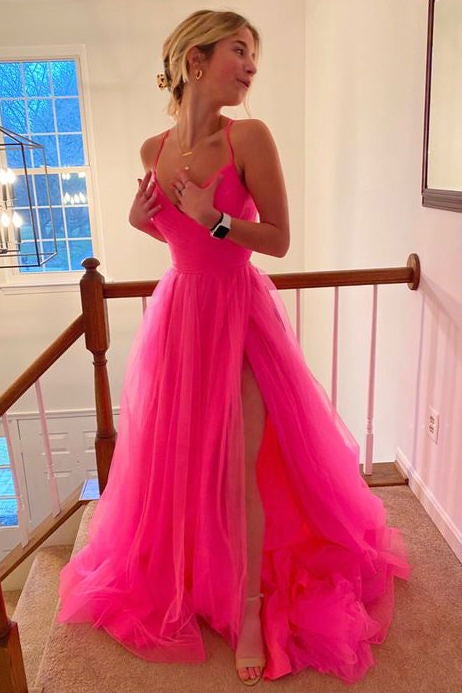 Hot Pink A-line V-neck Long Prom Dresses, Tulle Spaghetti Straps Graduation Dress DMP076