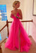 Hot Pink A-line V-neck Long Prom Dresses, Tulle Spaghetti Straps Graduation Dress DMP076