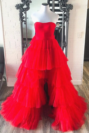 Hot Pink A Line Tulle High Low Prom Dresses, Formal Evening Dresses DM1912