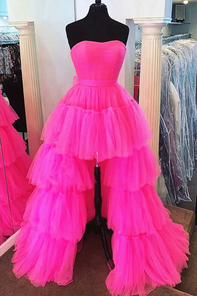 Hot Pink A Line Tulle High Low Prom Dresses, Formal Evening Dresses DM1912