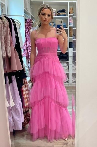 Princess Hot Pink A Line Tulle Long Prom Dresses Layered Ruffles Eveni Demodresses