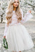 Off White Tulle Long Sleeve Lace Two Pieces Short  Cheap Homecoming Dresses DME3