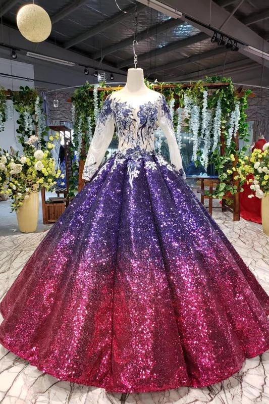 Ball Gown Long Sleeves Sequins Ombre Prom Dress Pretty Quinceanera Dress OKQ45 Demodresses