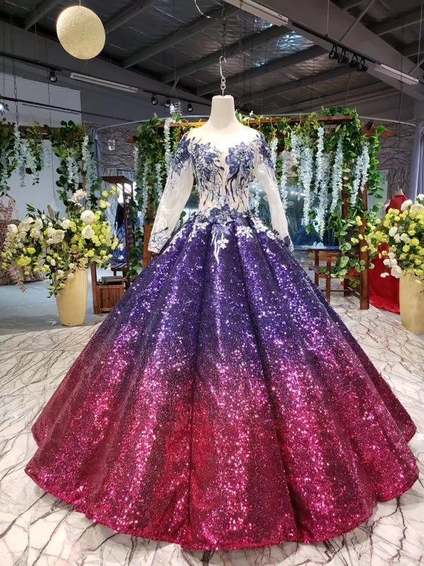 Ball Gown Long Sleeves Sequins Ombre Prom Dress, Pretty Quinceanera Dress DMQ45