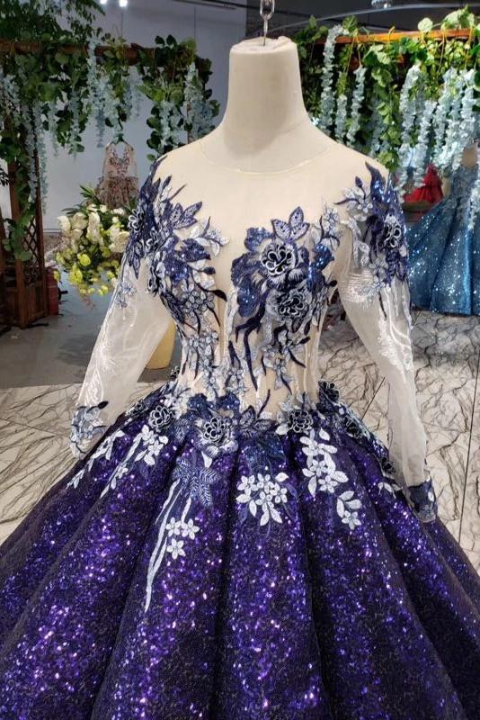 Ball Gown Long Sleeves Sequins Ombre Prom Dress, Pretty Quinceanera Dress DMQ45