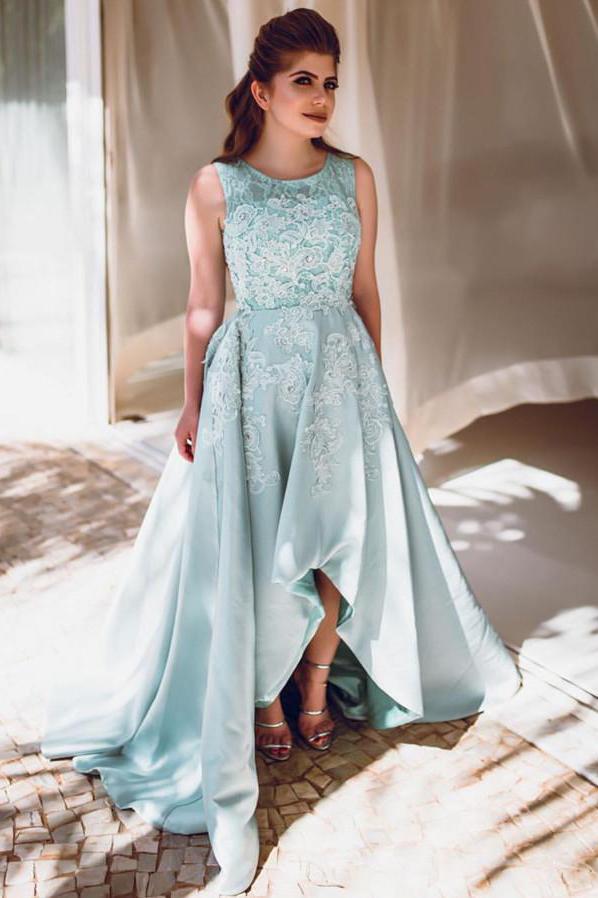 Gorgeous Satin Beautiful Sleeveless High Low Prom Dress With Lace DMI43