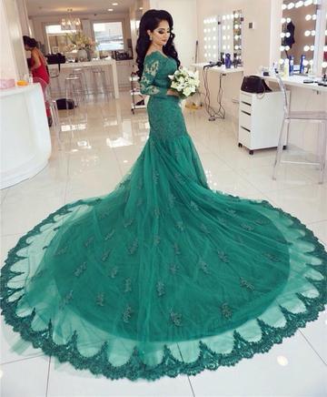 Elegant Long Sleeves V-neck Green Lace Mermaid Prom Dresses beautiful DM667