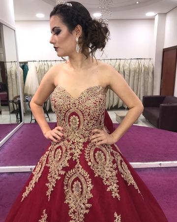 Gold Lace Appliques Sweetheart Ball Gown Prom Dress Sweet 16 Dress Quinceanera Dresses DMI59