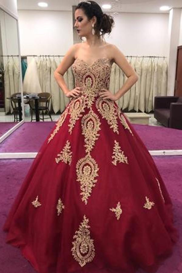 Gold Lace Appliques Sweetheart Ball Gown Prom Dress Sweet 16 Dress Quinceanera Dresses DMI59