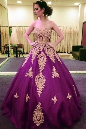 Gold Lace Appliques Sweetheart Ball Gown Prom Dress Sweet 16 Dress Quinceanera Dresses DMI59
