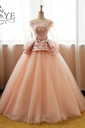 Vintage Prom Dresses,Pink Prom Dress,Flower Prom Dresses,Long Sleeves Prom Dress,Tulle Evening Dress,Ball Gown Prom Gown,Quinceanera Dresses
