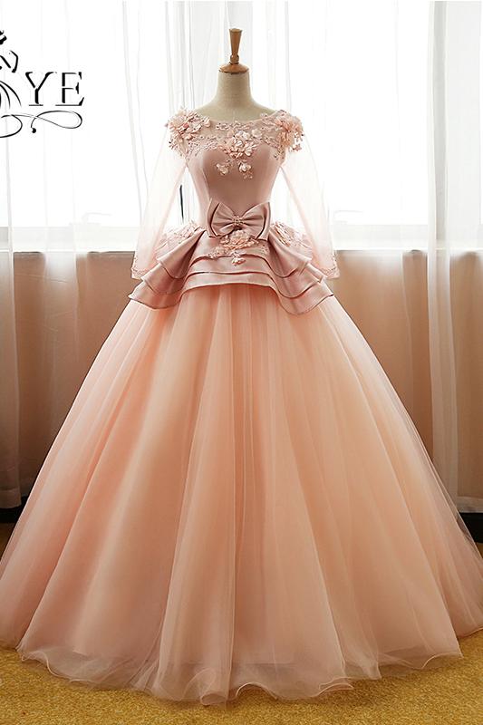 Vintage Pink Flower Long Sleeves Puffy Tulle Long Prom Dress,Ball Gown Quinceanera Dresses Demodresses Vintage Pink Flower Long Sleeves Puffy Tulle Long Prom Dress,Ball Gown Quinceanera Dresses Demodresses