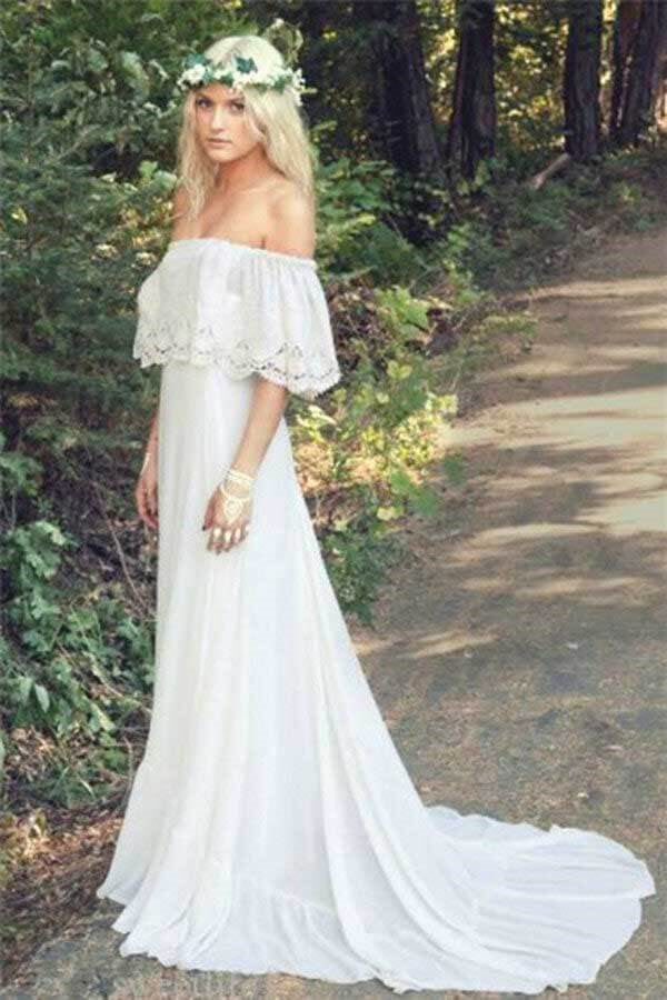 Ivory Chiffon A-line Off-the-Shoulder Bohemian Lace Beach Wedding Dresses DM1814