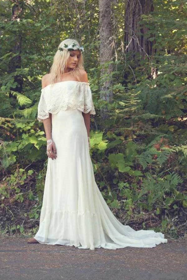 Ivory Chiffon A-line Off-the-Shoulder Bohemian Lace Beach Wedding Dresses DM1814