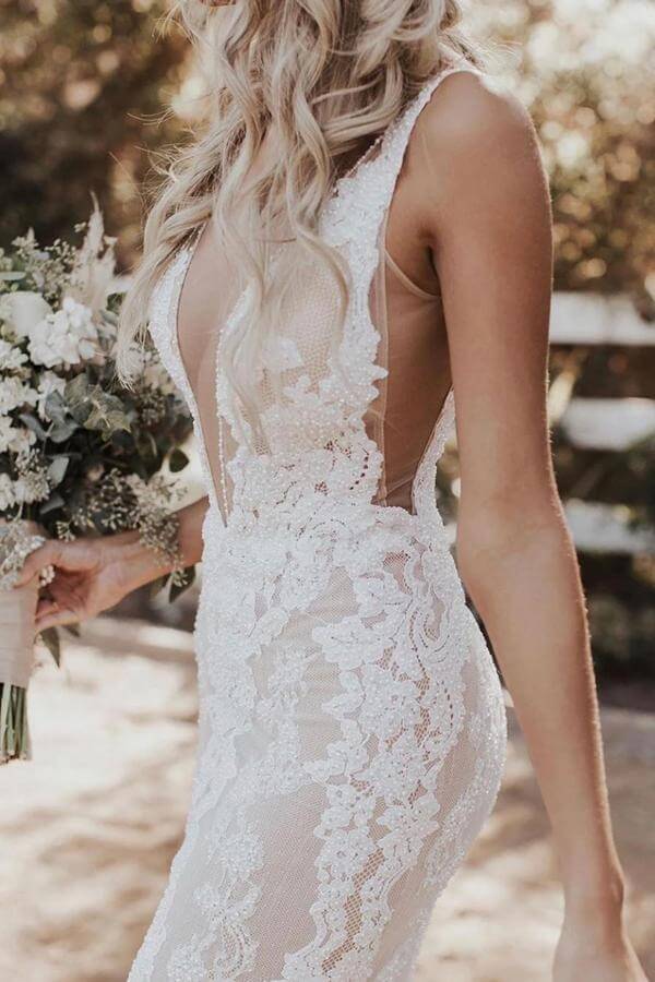 Ivory Lace Mermaid V-neck Floor-length Beach Wedding Dresses, Bridal Gowns DMW20