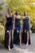 Simple Sheath Navy Blue Long Bridesmaid Dresses With Slit Bridesmaid Gowns DM1841