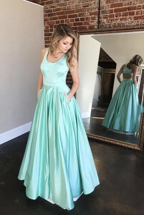 Mint Green Satin A Line Long Prom Dress Evening Party Dresses With Beaded Pockets DMP052