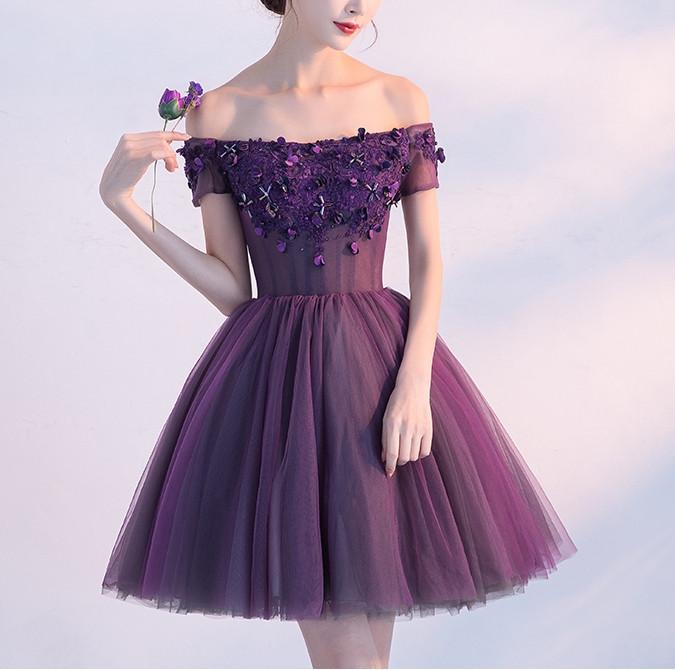 Cute A line Purple Homecoming Dresses,Off-shoulder Short Sexy Appliqued Prom Dress DM379