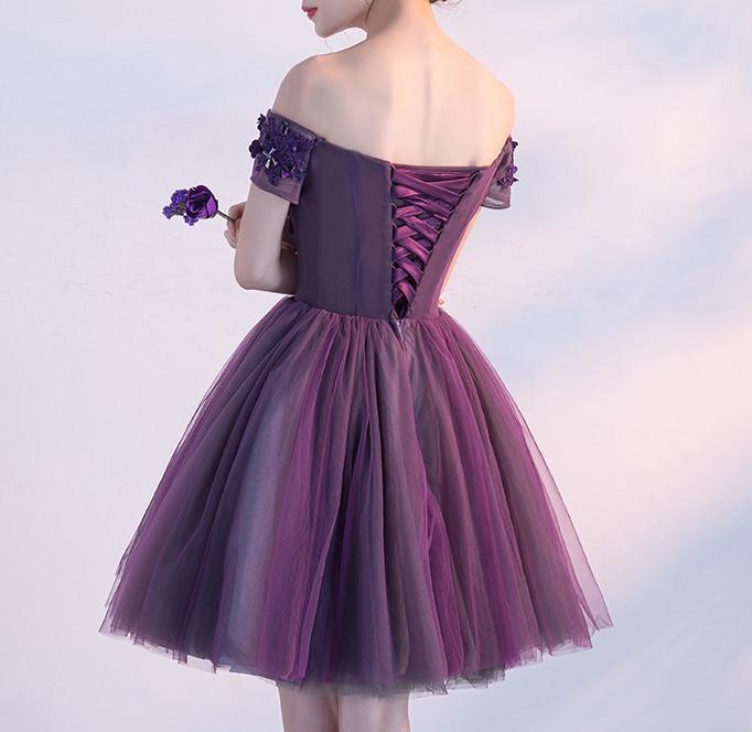 Cute A line Purple Homecoming Dresses,Off-shoulder Short Sexy Appliqued Prom Dress DM379