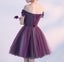 Cute A line Purple Homecoming Dresses,Off-shoulder Short Sexy Appliqued Prom Dress DM379