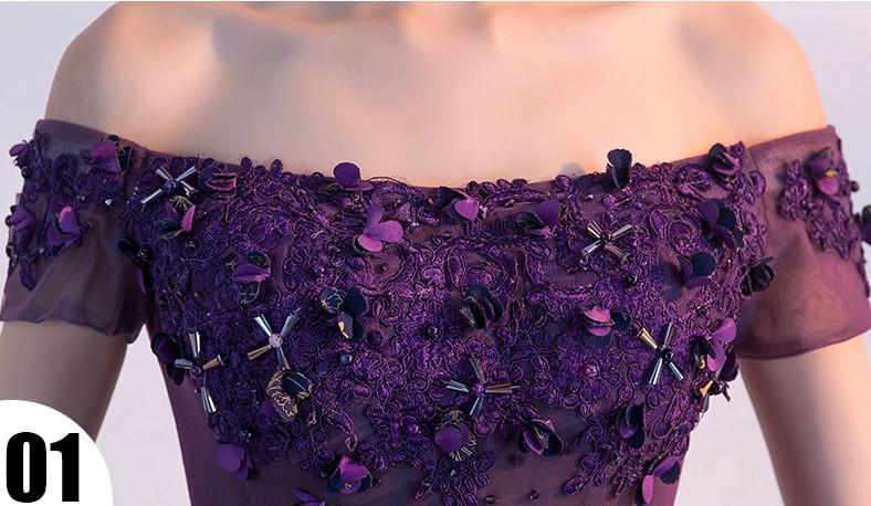 Cute A line Purple Homecoming Dresses,Off-shoulder Short Sexy Appliqued Prom Dress DM379