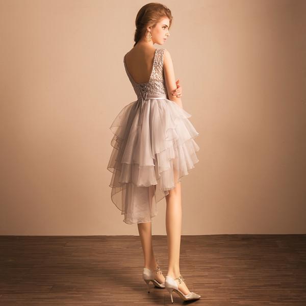 stunning Elegant Homecoming Dress Asymmetrical Silver Lace Short Sexy Prom Dress DM364