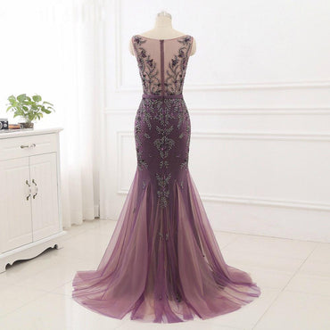 Beading Scoop Mermaid Sweep Train Tulle  Long Cheap Prom Dress DMG25