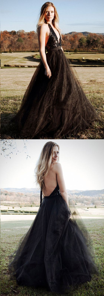 Black Tulle Backless Halter A Line Cheap Long Prom Dress Sexy Evening Dress DMG27