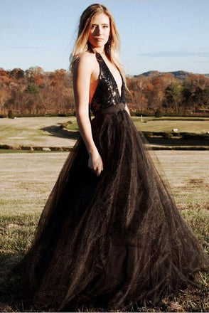 Black Tulle Backless Halter A Line Cheap Long Prom Dress Sexy Evening Dress DMG27