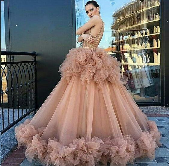 Ball Gown Scoop Ruffles Tulle Long Beautiful Beading Prom Dress,Quinceanera Dresses DMG26