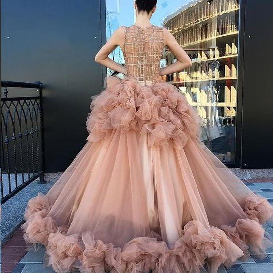 Ball Gown Scoop Ruffles Tulle Long Beautiful Beading Prom Dress,Quinceanera Dresses DMG26