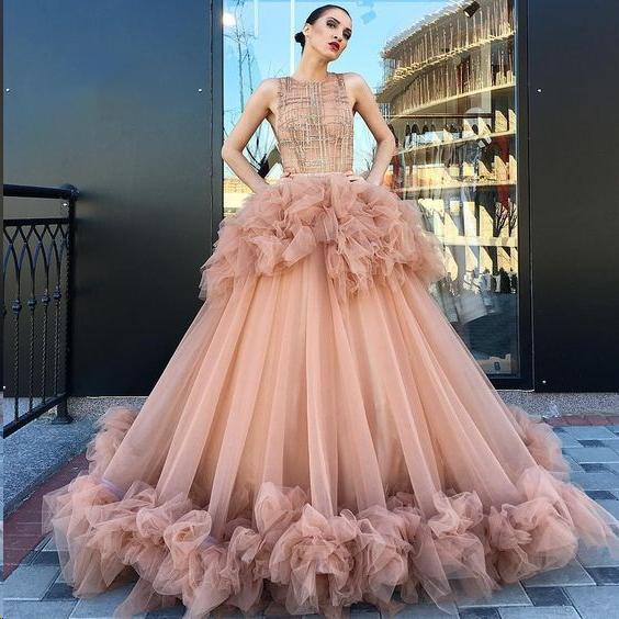 Ball Gown Scoop Ruffles Tulle Long Beautiful Beading Prom Dress,Quinceanera Dresses DMG26
