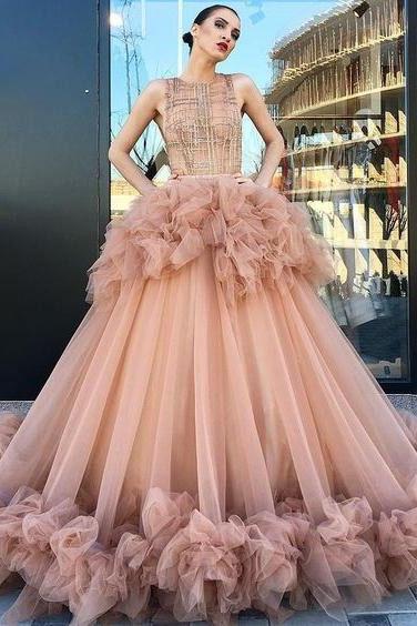 Ball Gown Scoop Ruffles Tulle Long Beautiful Beading Prom Dress,Quinceanera Dresses DMG26