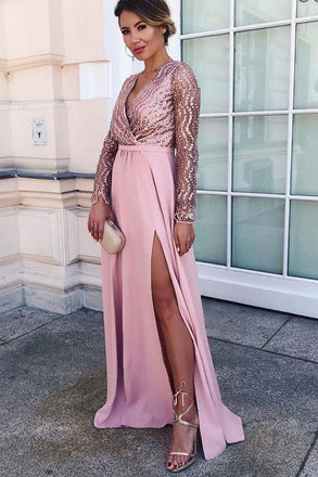 Long Sleeve A-line V-neck Floor-length Sequin Chic Long Prom Dress with Slit DMG24