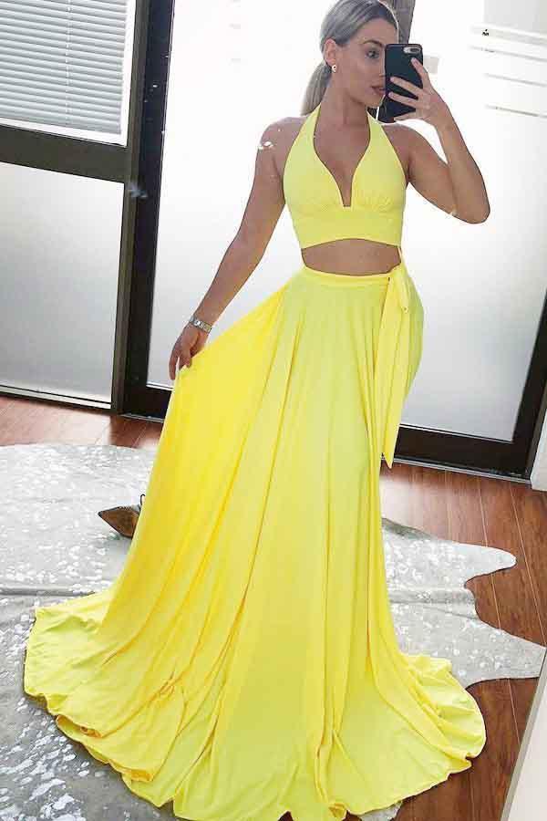 Two Piece A Line Yellow Cheap Long Prom Dress Sexy Formal Evening Dress DMG14