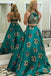 Two Piece A Line Floral Print Long Prom Dresses,Sexy Long Evening Dress DMG12