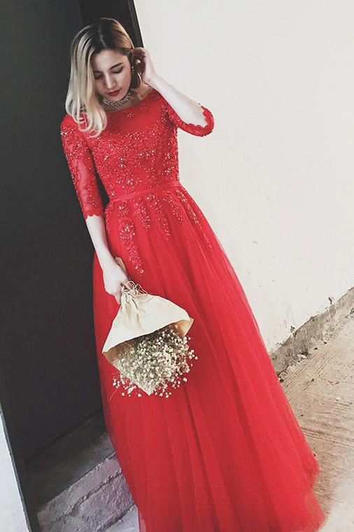 Red Bateau Floor-length Appliques Half Sleeves Long Prom Dress Evening Dress DMS49