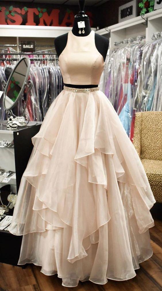 New Two Piece A-line Floor-length Long Puffy Prom Dress With Ruffles DM881