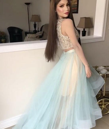 Bateau Prom Dresses With Rhinestone,High-low Short Two Piece Beading Homecoming Dresses DM509