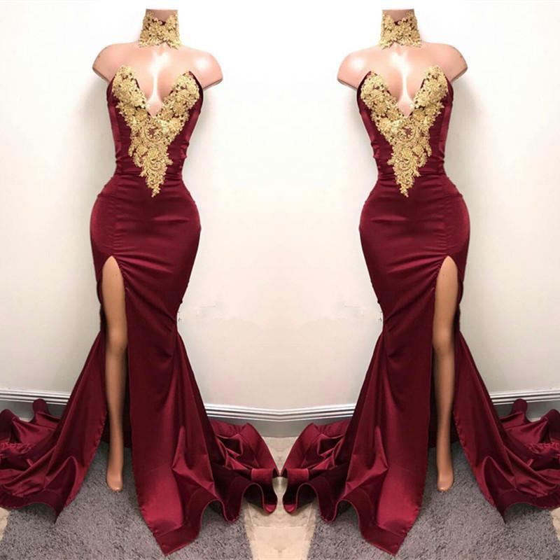 Elegant Burgundy Mermaid Appliques High Neck Split Sexy Prom Dress DMA83