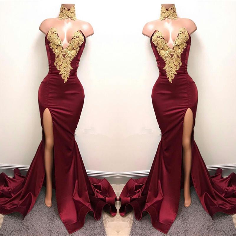 Elegant Burgundy Mermaid Appliques High Neck Split Sexy Prom Dress DMA83