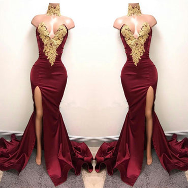 Elegant Burgundy Mermaid Appliques High Neck Split Sexy Prom Dress DMA83