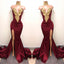 Elegant Burgundy Mermaid Appliques High Neck Split Sexy Prom Dress DMA83