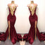 Elegant Burgundy Mermaid Appliques High Neck Split Sexy Prom Dress DMA83