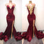 Elegant Burgundy Mermaid Appliques High Neck Split Sexy Prom Dress DMA83