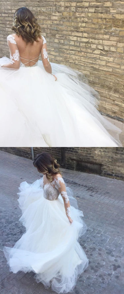 Romantic Ball Gown Long Sleeves Appliques Ivory Tulle Wedding Dress Bridal Gown DM888
