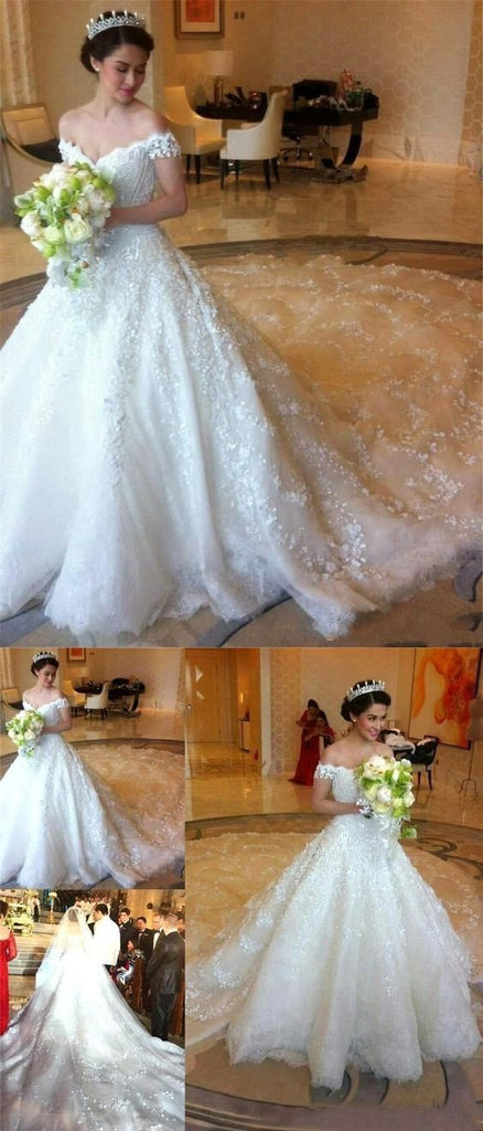 Ball Gown Romantic Long Train Luxury Off the Shoulder Wedding Dresses DME97