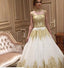 Beautiful Long Train High Neck Romantic Gold Appliques Wedding Dresses DME96