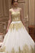 Beautiful Long Train High Neck Romantic Gold Appliques Wedding Dresses DME96